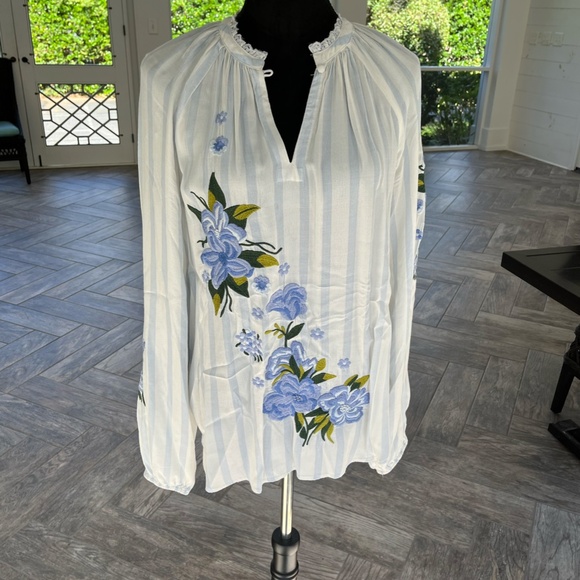 Anthropologie Tops - Anthropologie Carolina Blue+White Striped Blouse with Embroidered Flowers, Sz S